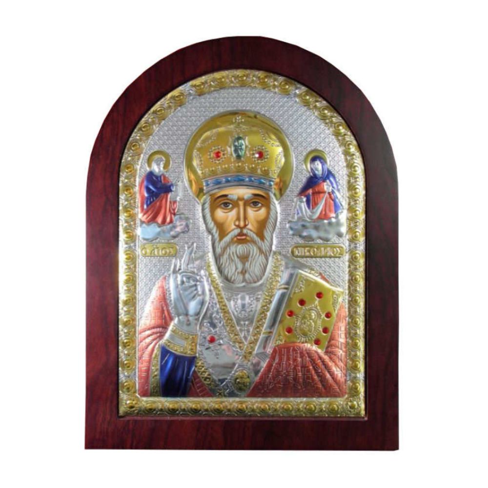 agios-nikolaos-eikona-epargyri-ksylini-korniza Άγιος Νικόλαος - Εικόνα Επάργυρη με Ξύλινη Κορνίζα - Image 1