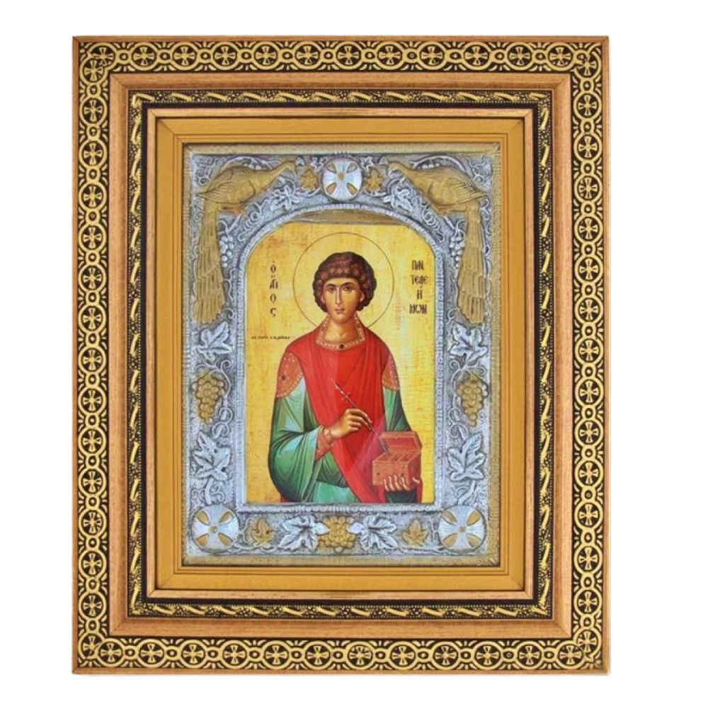 agios-panteleimon-xeiropoiiti-epargyri-eikona-korniza-tzami Άγιος Παντελεήμων - Χειροποίητη Επάργυρη Εικόνα σε Κορνίζα Τζάμι - Image 1