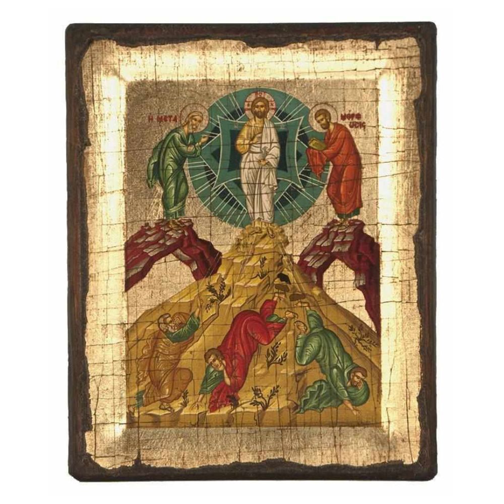 i-metamorfwsi-enskafti-xylini-palaiwmeni-eikona Η Μεταμόρφωσις - Ένσκαφτη Ξύλινη Παλαιωμένη Εικόνα Σε Καμβά Με Χρυσό Φόντο - Image 1