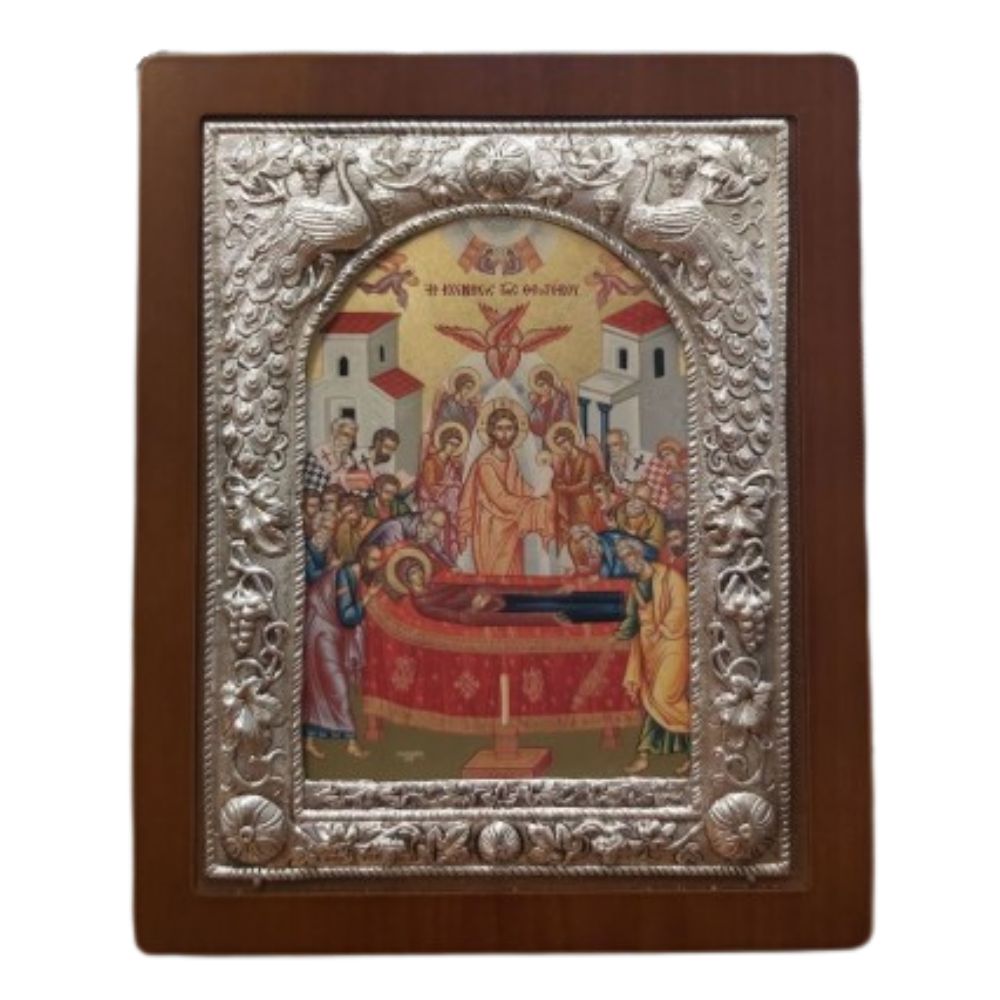 koimisi-theotokou-asimenia-eikona-metaxotypia-me-fylla-xrysou Κοίμηση της Θεοτόκου - Ασημένια Εικόνα - Image 1