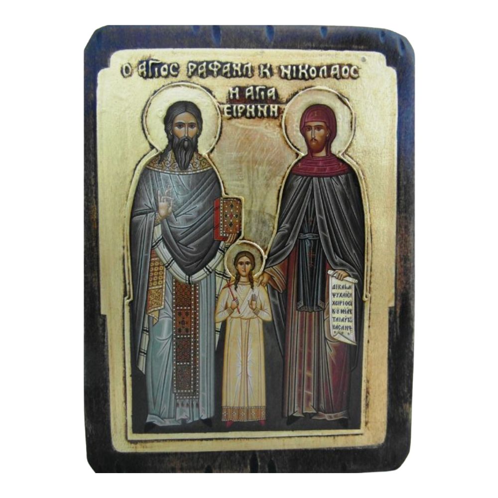 agioi-rafail-nikolaos-eirini-eikona-xylini-xrysotypia-anaglyfa-grammata Άγιοι Ραφαήλ, Νικόλαος και Ειρήνη - Εικόνα Ξύλινη Χρυσοτυπία - Image 1