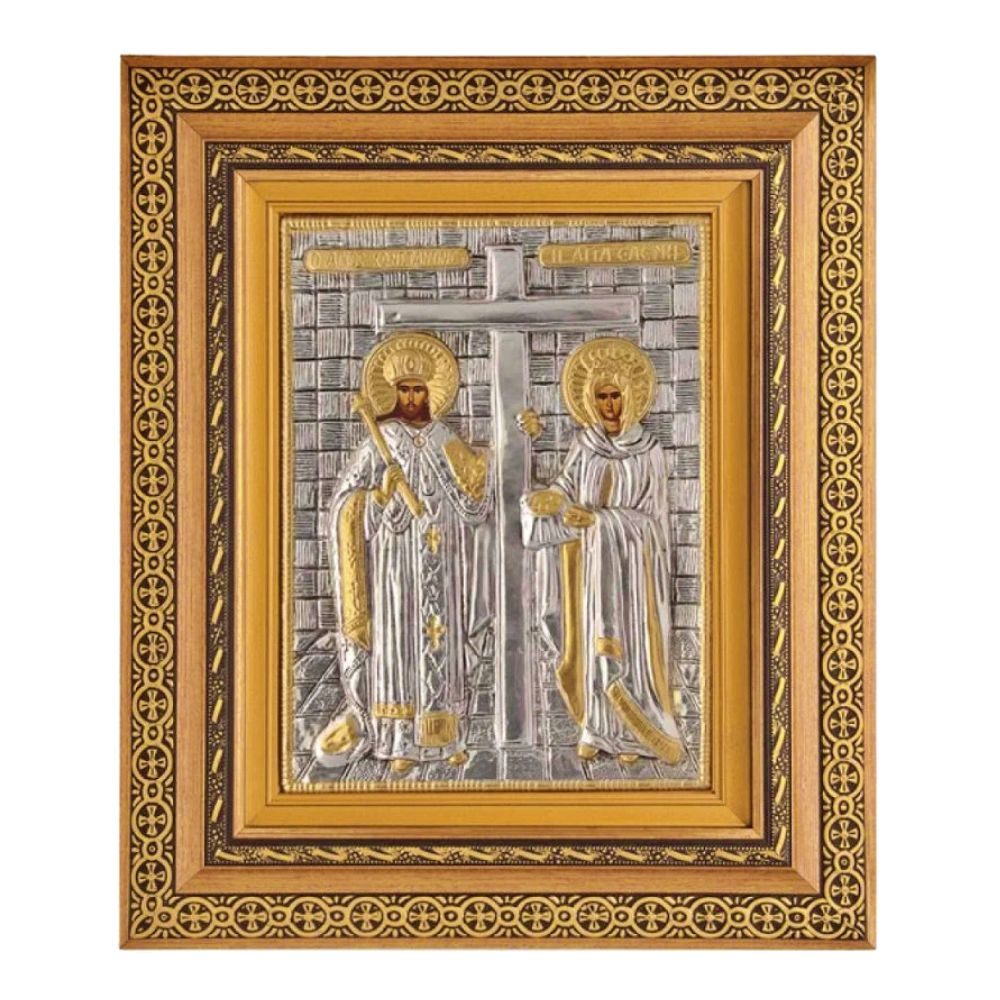 agios-kwnstantinos-agia-eleni-xeiropoiiti-epargyri-eikona Άγιος Κωνσταντίνος & Αγία Ελένη - Χειροποίητη Επάργυρη Εικόνα σε Κορνίζα Τζάμι - Image 1